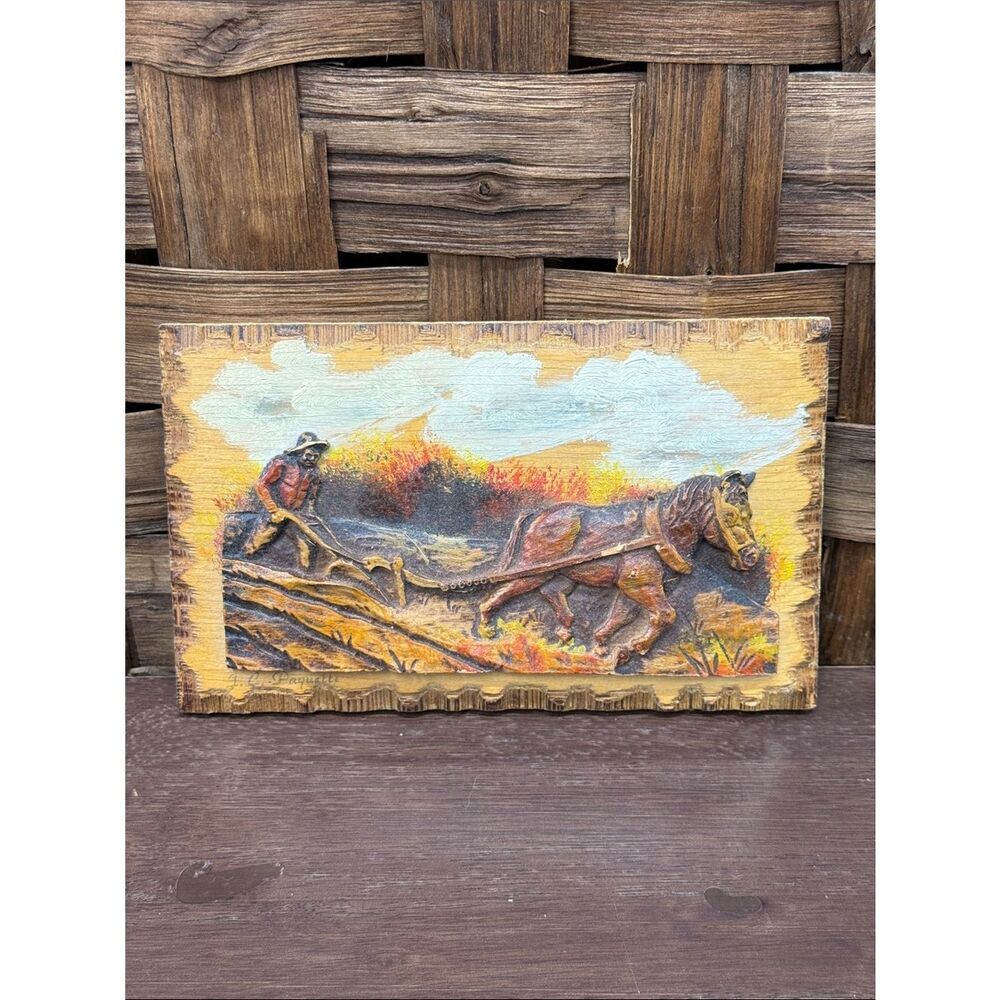 Rustic Brown Horse and Plow Relief Wall Carved Wood Folk Art